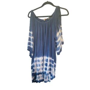 Soft Surroundings Crepe Blue White Tie Dye Tunic Top Size XL Cold Shoulder